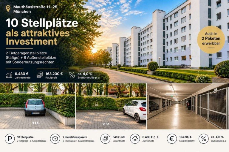 Titelbild Mauthatra�e Mun M�nchen Parken Garagenportfolio in M�nchen, davon 2 Tiefgaragenstellpl�tze und 8 Au�enstellpl�tze in der Math�uslstra�e 11-25 in M�nchen!